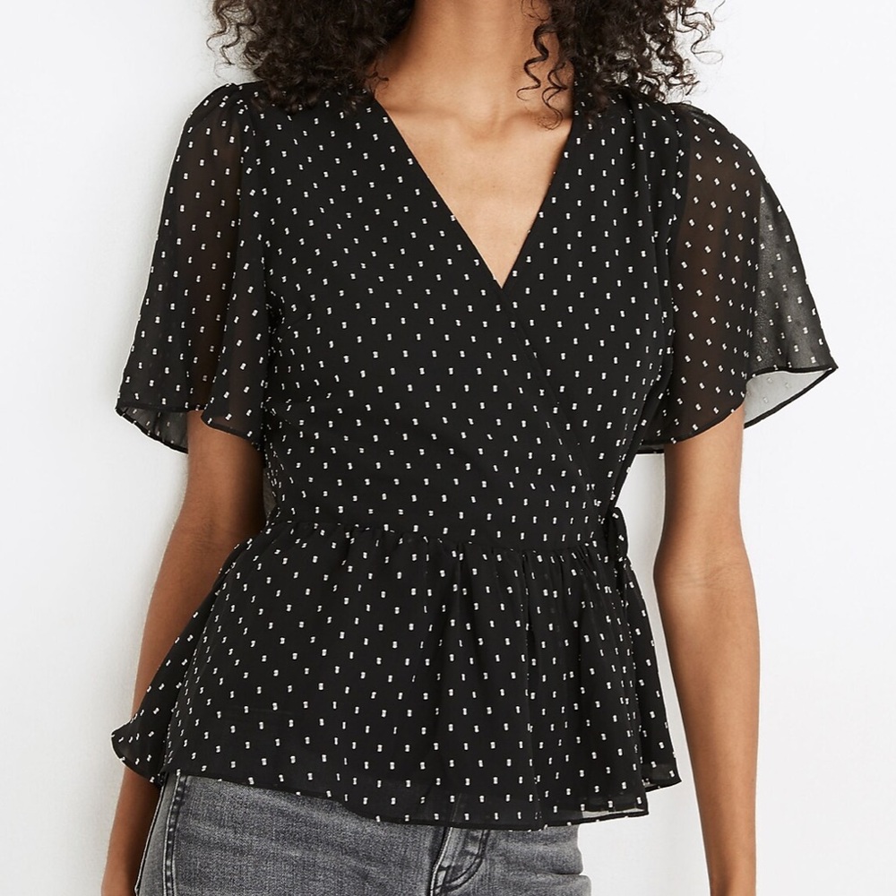 Madewell Flutter-Sleeve Peplum Wrap Top in Clipdot